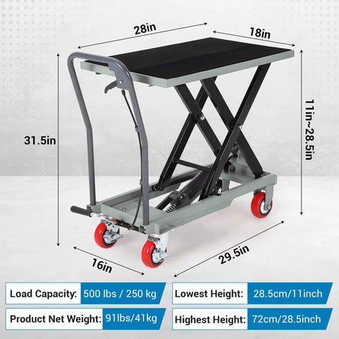 Heavy Duty Hydraulic Lift Table Cart With 500 Lbs Capacity And Badass Powder Coated Steel Frame, dimensions and wheel details
