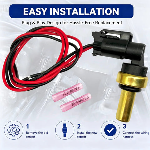 Beat The Heat Engine Coolant Temperature Sensor With Wiring Harness Connector showing plug and play design for easy installation.