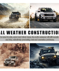 Four trucks with Flexible 7 Inch PVC Car Antenna Mast Replacement with Screw Waterproof Spiral Antenna Topper for Cars Trucks SUVs Universal Exterior Accessory for Better Signal and Style in various weather conditions.
