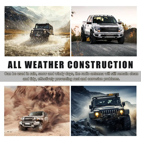 Four trucks with Flexible 7 Inch PVC Car Antenna Mast Replacement with Screw Waterproof Spiral Antenna Topper for Cars Trucks SUVs Universal Exterior Accessory for Better Signal and Style in various weather conditions.