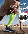 25 Pack Plastic Cord Locks Spring Loaded End Stopper Fasteners For Paracord Drawstrings Lanyards Shoelaces Bungee Ropes And More Must Have Heavy Duty Double Hole Toggle Clip Black on neon compression sock