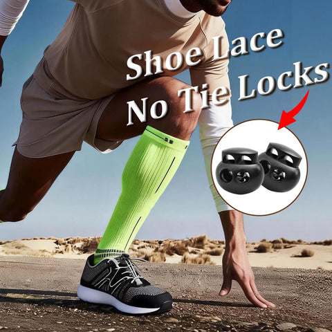 25 Pack Plastic Cord Locks Spring Loaded End Stopper Fasteners For Paracord Drawstrings Lanyards Shoelaces Bungee Ropes And More Must Have Heavy Duty Double Hole Toggle Clip Black on neon compression sock