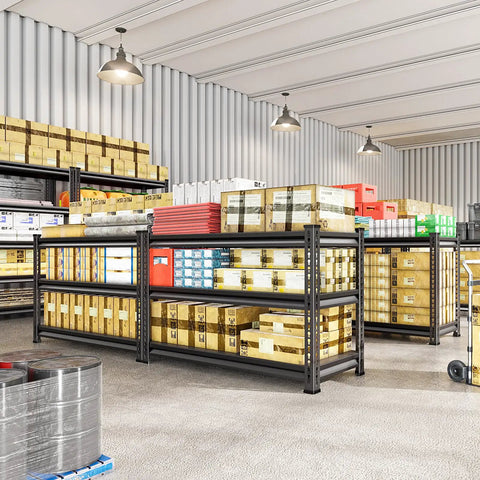 Heavy Duty Metal Garage Shelving Unit 1530 Lbs Total Capacity, 3 Tier Adjustable Storage Racks, 48W X 18D X 39H Black For Garage Basement And Kitchen, Built Like A Tank, Ready To Tackle Clutter with boxes in warehouse