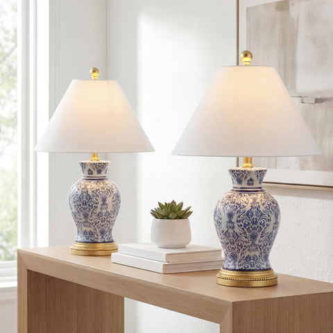 Blue And White Chinoiserie Ceramic Floral Table Lamp Set Of 2 With Linen Shade, 21 Inch Tall Vase Style Lamps On Wooden Table