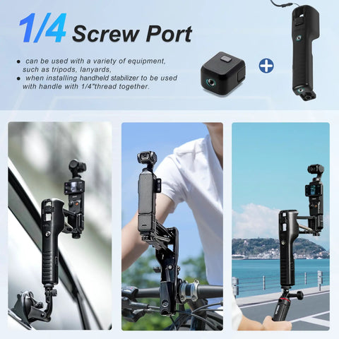 Osmo Pocket 3 Handheld Stabilizer Grip Case and Storage Set for Vlog Creators shown with mounted accessories and use examples.