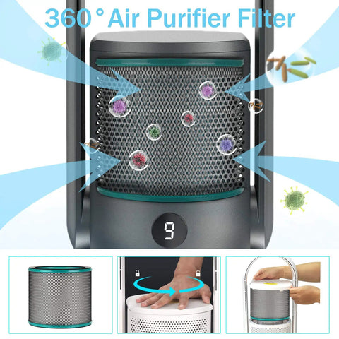 Close-up of 360° air purifier filter with HEPA filtration and adjustable settings for sleek black fan combo.
