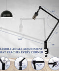 Dimensions and angles of Adjustable 360 Degree Microphone Boom Arm With Stainless Steel Desk Mount for studio setup.