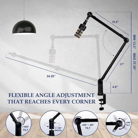 Dimensions and angles of Adjustable 360 Degree Microphone Boom Arm With Stainless Steel Desk Mount for studio setup.