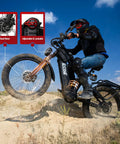 8000W Dual Motor Fat Tire Electric Bike For Adults With Full Suspension And 52 MPH Top Speed 60V 32Ah Battery 26x4 All Terrain Tires SHM 7 Speed Gear Ready For City Trails And Off Road Adventures, rider on sand