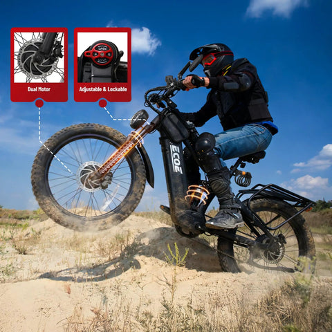 8000W Dual Motor Fat Tire Electric Bike For Adults With Full Suspension And 52 MPH Top Speed 60V 32Ah Battery 26x4 All Terrain Tires SHM 7 Speed Gear Ready For City Trails And Off Road Adventures, rider on sand