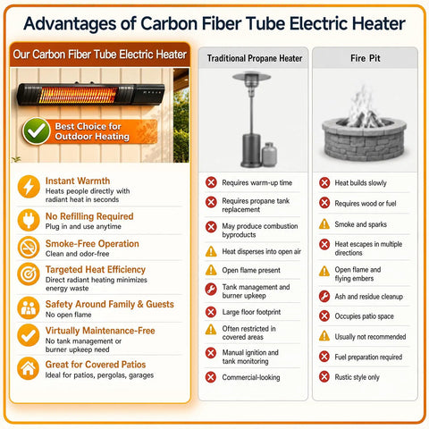 Comparison chart showing advantages of a carbon fiber tube electric heater over traditional propane heater and fire pit.