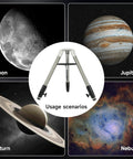Extendable Aluminum Telescope Tripod For SV225T Alt Azimuth Mounts with celestial bodies: moon, Jupiter, Saturn, nebula imagery.