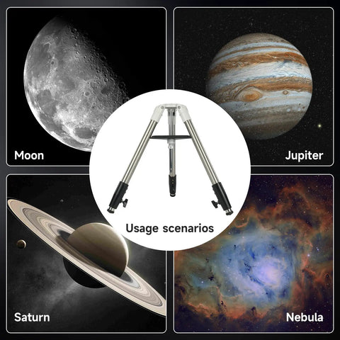 Extendable Aluminum Telescope Tripod For SV225T Alt Azimuth Mounts with celestial bodies: moon, Jupiter, Saturn, nebula imagery.