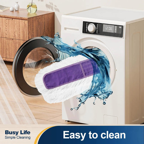Heavy Duty Commercial Dust Mop With Quick Release Handle And Broad Sweeping Head in washing machine with water splashing.
