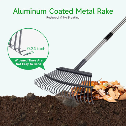 Heavy Duty 72 Inch Expandable Leaf Rake With 25 Reinforced Tines And Stainless Steel Handle raking leaves on soil