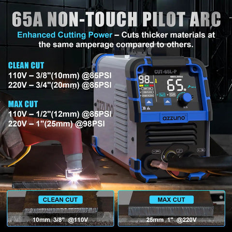 65 Amp Plasma Cutter With Non-Touch Pilot Arc, Dual Voltage 110/220V Inverter, Large LED Display shown in use cutting metal