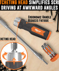 Versatile 12 In 1 Ratcheting Flexible Screwdriver For Tight Spaces with bendable shaft and bit holder shown with bits