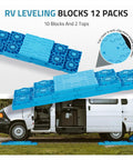 Heavy Duty Rv Leveling Blocks 12 Pack With Velcro Straps Interlocking Stackable Jack Pads For Camper Travel Trailer Adjustable Height No Sweat Setup Rock Solid Blue showing 10 blocks and 2 tops.