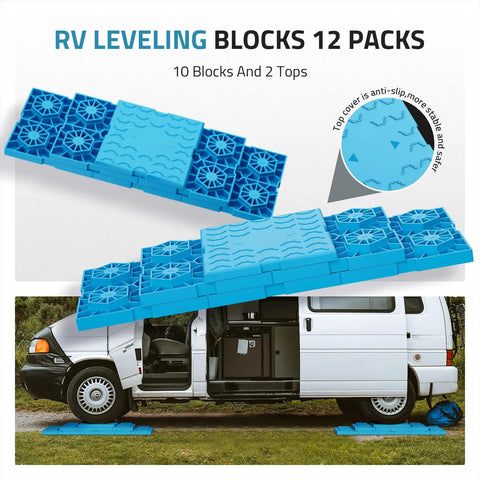 Heavy Duty Rv Leveling Blocks 12 Pack With Velcro Straps Interlocking Stackable Jack Pads For Camper Travel Trailer Adjustable Height No Sweat Setup Rock Solid Blue showing 10 blocks and 2 tops.