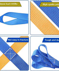 Heavy Duty Polyester Lifting Net Sling, Built Like A Tank For Ship Docking And Heavy Loads, close-up of blue and orange straps showing toughness.