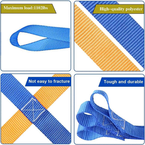 Heavy Duty Polyester Lifting Net Sling, Built Like A Tank For Ship Docking And Heavy Loads, close-up of blue and orange straps showing toughness.
