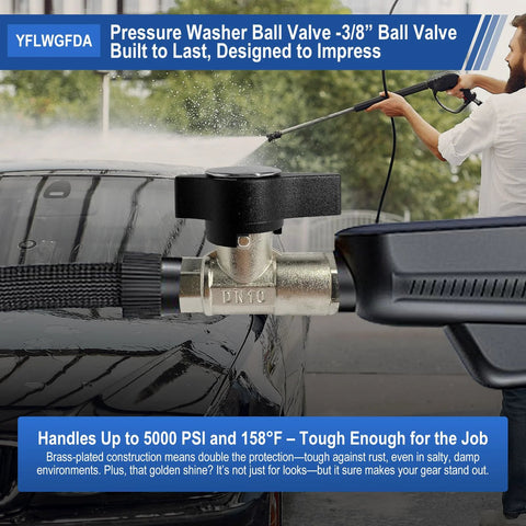 Pressure washer ball valve DN10, 3/8-inch metal valve with black handle mounted on hose
