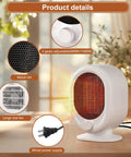 Tiny Yet Mighty Mini Space Heater For Desk 1500W Fast Heat 2 Heat Settings PTC Ceramic Heating Tip Over And Overheat Protection Ultra Quiet Operation Compact White with metal net and large fan.