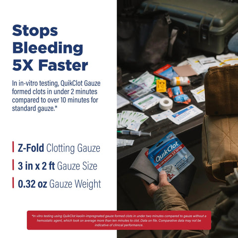 QuikClot Advanced Clotting Gauze package (3 x 24) in blue, held by hand among outdoor first-aid gear.