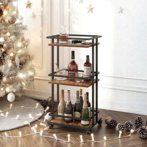 Kicking Your Hosting Game Up A Notch Requires This Rolling Three Tier Bar Cart Featuring Smooth Casters And Smart Storage Shelves For Effortless Drinks Service Across Any Kitchen Or Living Area Making Organization A Breeze And Entertaining Totally, displaying drinks beside a Christmas tree.