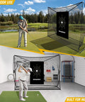 Heavy Duty 10x7 Ft Golf Practice Net Kit With Backyard Driving Range Setup Real Golf Balls Mat Target Cloth 6 Balls 6 Tees 4 U Ground Stakes Carry Bag, shown indoors and outdoors.