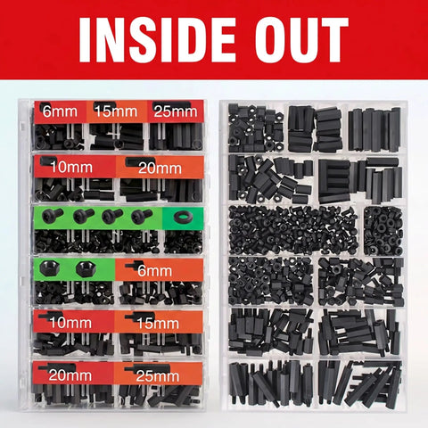 Black Nylon Standoff Kit For PCBs And Motherboards With Spacers Nuts And Washers M3 Hardware 600 Pieces Includes Male And Female Standoffs In 6mm 10mm 15mm 20mm 25mm For DIY Computer Builds. Assorted black nylon standoffs in labeled 6mm to 25mm compartments