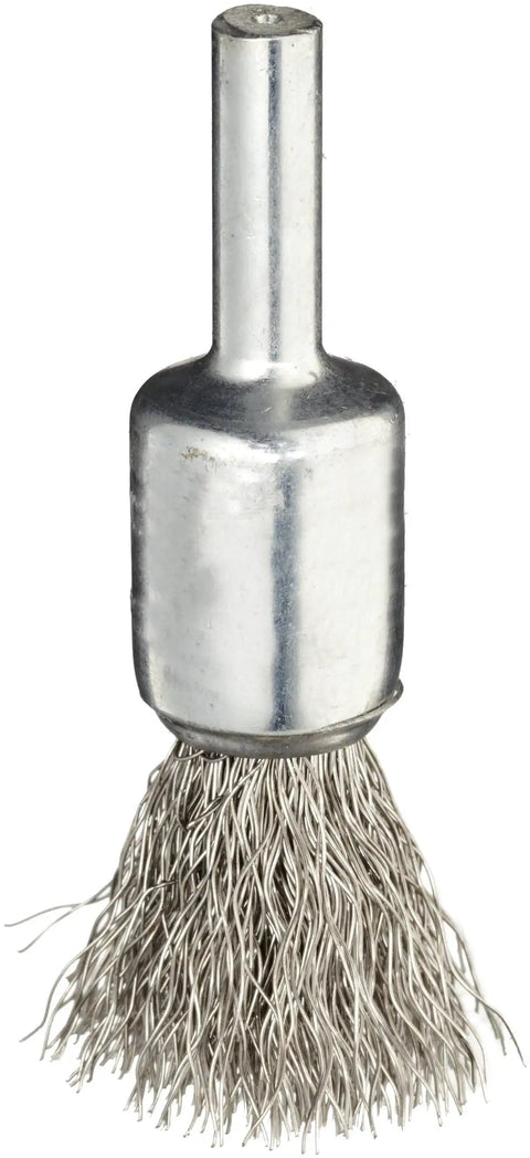 Close-up of Crimped Wire End Brush For Drills And Die Grinders Half Inch Shank With Stainless Steel Fill 0.0104 Inch USA Made