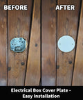 Round Cover Plate For Three And One Half Inch Electrical Box With Two And Three Quarter Inch Screw Distance Blank Metallic Junction Box Cover Floor Outlet Plate Five And One Quarter Inch Diameter One Pack No Fuss Install before and after installation on wood paneling