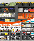 Heavy Duty 5 Tier Garage Shelving Unit With Anti Fall Rails Steel Industrial Shelving 3000 Lbs Capacity Adjustable Shelves 72 Inch Long Black Storage Rack For Tools Equipment Garage And Basement, black steel shelves with tools and bins