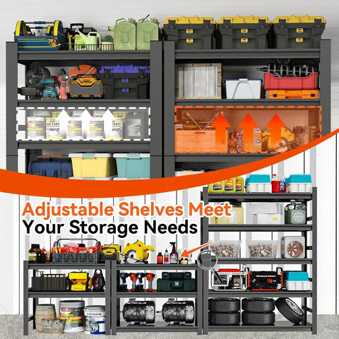 Heavy Duty 5 Tier Garage Shelving Unit With Anti Fall Rails Steel Industrial Shelving 3000 Lbs Capacity Adjustable Shelves 72 Inch Long Black Storage Rack For Tools Equipment Garage And Basement, black steel shelves with tools and bins