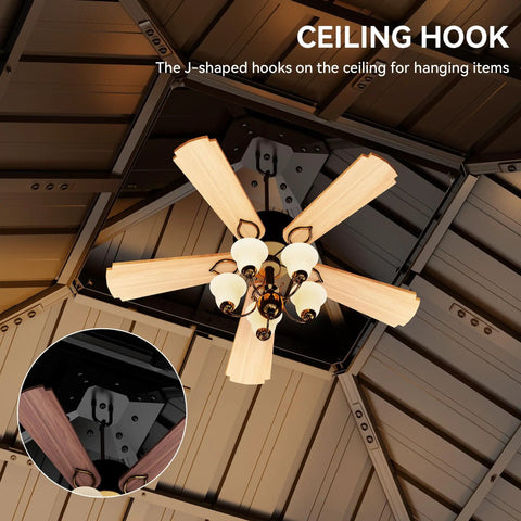 Ceiling hook and fan detail inside 10x10 Ft Hardtop Gazebo With Netting And Curtains Heavy Duty Double Galvanized Steel Roof Ventilated Double Roof Design For Windy Days Outdoor Patio Backyard Deck Lawn Shelter In Gray.