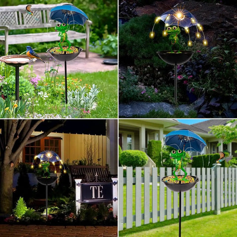 Totally Solar Frog Bird Feeder With Umbrella Garden Solar Powered Lights for yard decor, vibrant painted frog pathway light
