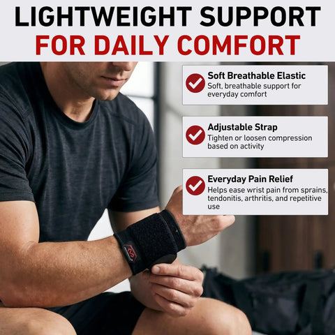 Person wearing Wrist Brace With Mild Compression For Pain Relief, Adjustable Strap For Left Or Right Arm, All Day Comfort