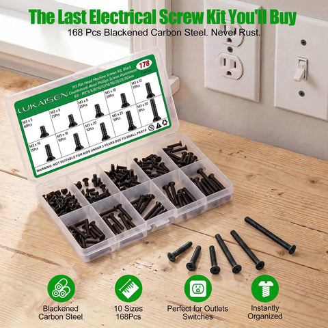 Top Rated M3 Machine Screws Kit With 178 Black Countersunk Flat Head Bolts For 3D Printer Builds Laptop Repair RC Cars Drones And Electronic Gear That Truly Hit Different in a plastic organizer.