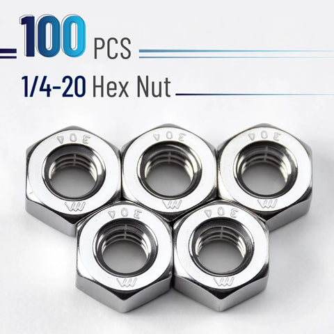 100 Pack Stainless Steel 1/4-20 Hex Nuts For SAE Fasteners displayed in a close-up arrangement