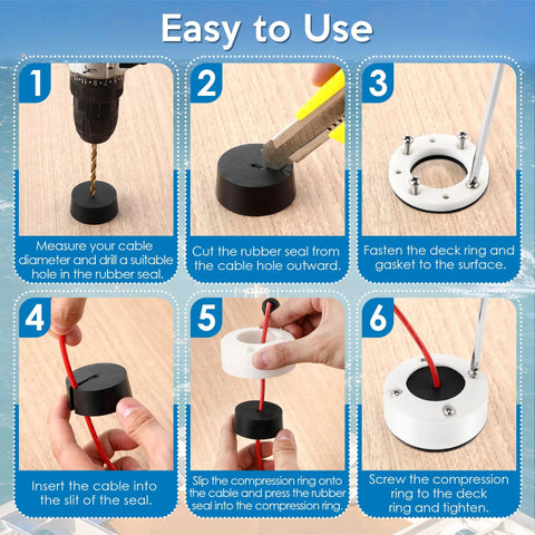 Round Waterproof Cable Gland Pass Through For Marine Auto And Home, Split Seal Design, Easy Install, White Includes Gasket Deck Ring Compression Ring Nuts And Screws installation guide