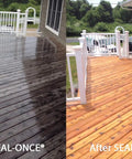 Before and after comparison of deck treated with Penetrating Wood Sealer With Polyurethane For Decks Fences And Log Homes Water Based Low VOC Odorless.