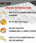 CONQUER HSS deburring external chamfer tool usage card; 0-400 RPM clockwise, fits 1/8-3/4 in (3-19 mm)