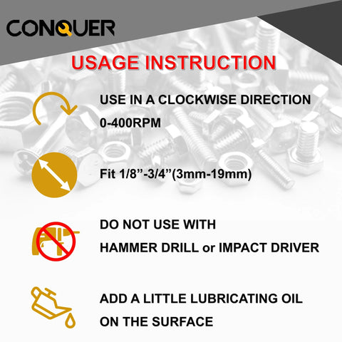CONQUER HSS deburring external chamfer tool usage card; 0-400 RPM clockwise, fits 1/8-3/4 in (3-19 mm)