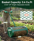 Heavy Duty 30 Inch Compost And Peat Moss Spreader With Push Or Tow Handle Adjustable Height Powder Coated Steel Basket 3.4 Cu Ft Capacity Being Used In Garden