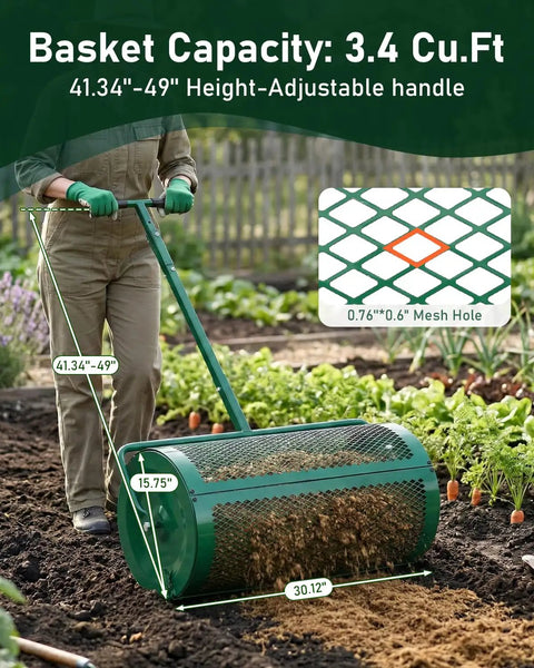 Heavy Duty 30 Inch Compost And Peat Moss Spreader With Push Or Tow Handle Adjustable Height Powder Coated Steel Basket 3.4 Cu Ft Capacity Being Used In Garden