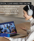 Woman using WH-1000XM5 Premium Noise Canceling Headphones With Auto NC Optimizer during video call on laptop.