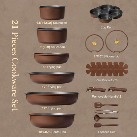 21 Piece Nonstick Pots And Pans Set With Removable Handles For Easy Storage Induction Compatible Cookware RV Friendly Set