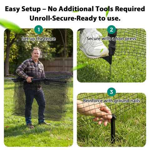 Temporary Fence With Posts For Pets And Kids Portable Yard Barrier 3 Foot By 50 Foot Black Plastic Mesh setup with stakes