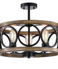 Matte Black And Faux Wood Grain Three Light Chandelier With Metal Finish for living room dining area bedroom modern ceiling